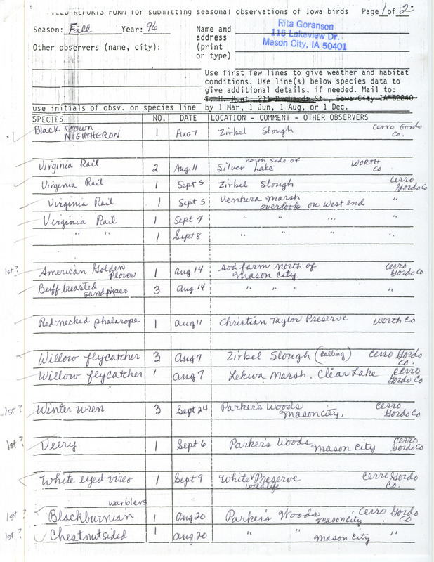 List of birds and locations contributed by Rita Goranson. This item was used as supporting documentation for the Iowa Ornithologists' Union Quarterly field report of fall 1996.