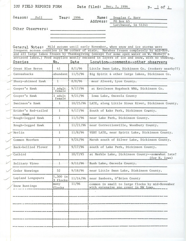 List of birds and locations contributed by Douglas C. Harr. This item was used as supporting documentation for the Iowa Ornithologists' Union Quarterly field report of fall 1996.