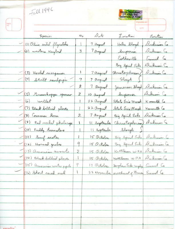 List of birds and locations contributed by Dennis Henrickson. This item was used as supporting documentation for the Iowa Ornithologists' Union Quarterly field report of fall 1996.