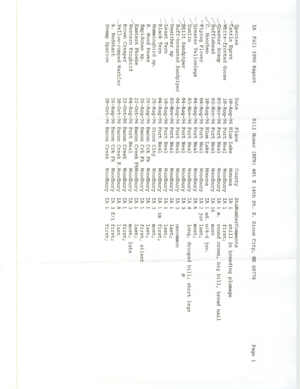 List of birds and locations contributed by Bill F. Huser. This item was used as supporting documentation for the Iowa Ornithologists' Union Quarterly field report of fall 1996.