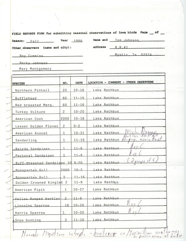 List of birds and locations contributed by Tom Johnson with observers Becky Johnson, Raymond L. Cummins and Mary Montgomery. This item was used as supporting documentation for the Iowa Ornithologists' Union Quarterly field report of fall 1996.