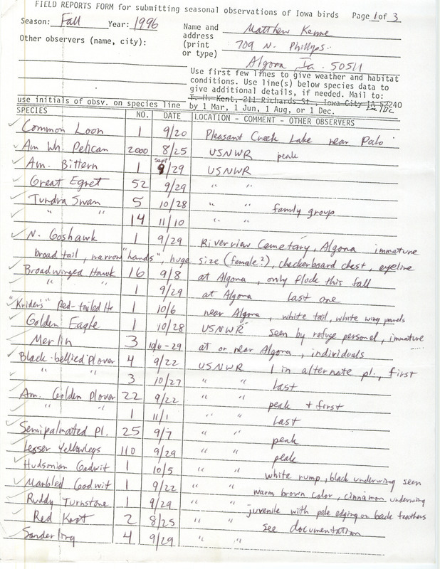 List of birds and locations contributed by Matthew Kenne. This item was used as supporting documentation for the Iowa Ornithologists' Union Quarterly field report of fall 1996.