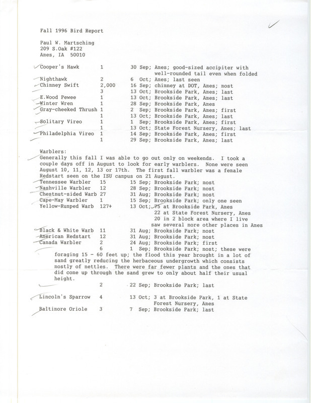 List of birds and locations contributed by Paul Martsching. This item was used as supporting documentation for the Iowa Ornithologists' Union Quarterly field report of fall 1996.