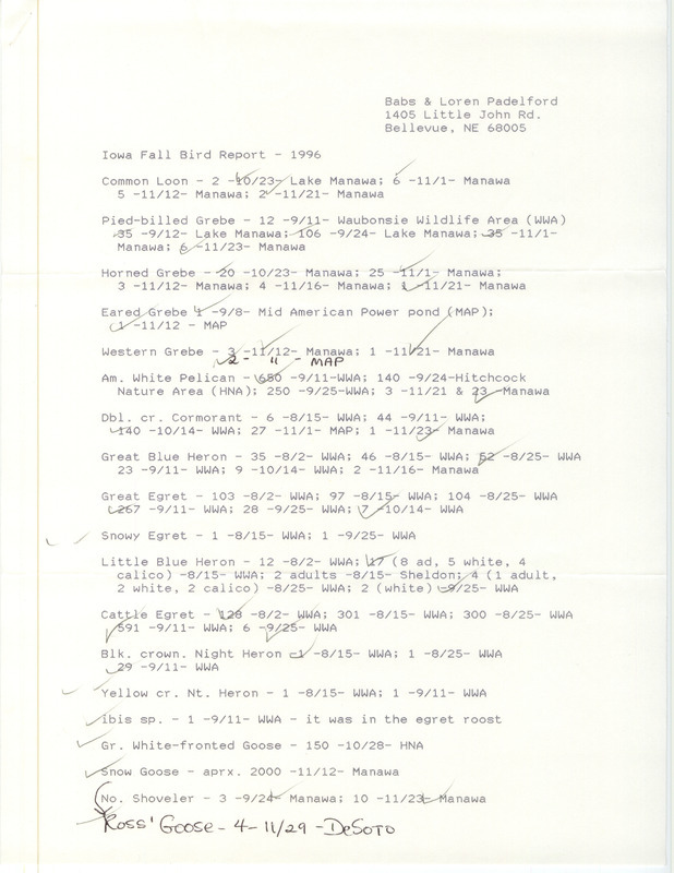 List of birds and locations contributed by Babs Padelford and Loren Padelford. This item was used as supporting documentation for the Iowa Ornithologists' Union Quarterly field report of fall 1996.