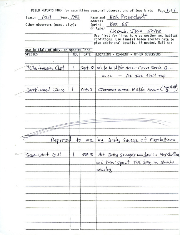 Fall report of a Hawk watch at Grammer Grove County Wildlife Area contributed by Beth Proescholdt during the period from September 11 through December 1, 1996. Included with the Hawk watch is a field report. This item was used as supporting documentation for the Iowa Ornithologists' Union Quarterly field report of fall 1996.