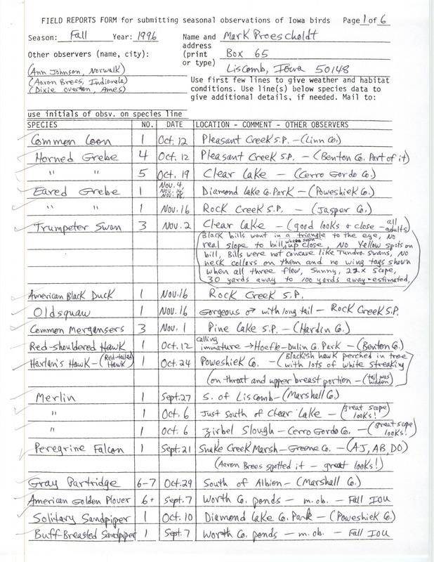 List of birds and locations contributed by Mark Proescholdt with observers Beth Proescholdt, Robert I. Cecil, Ann Johnson, Russ Widner and others. This item was used as supporting documentation for the Iowa Ornithologists' Union Quarterly field report of fall 1996.