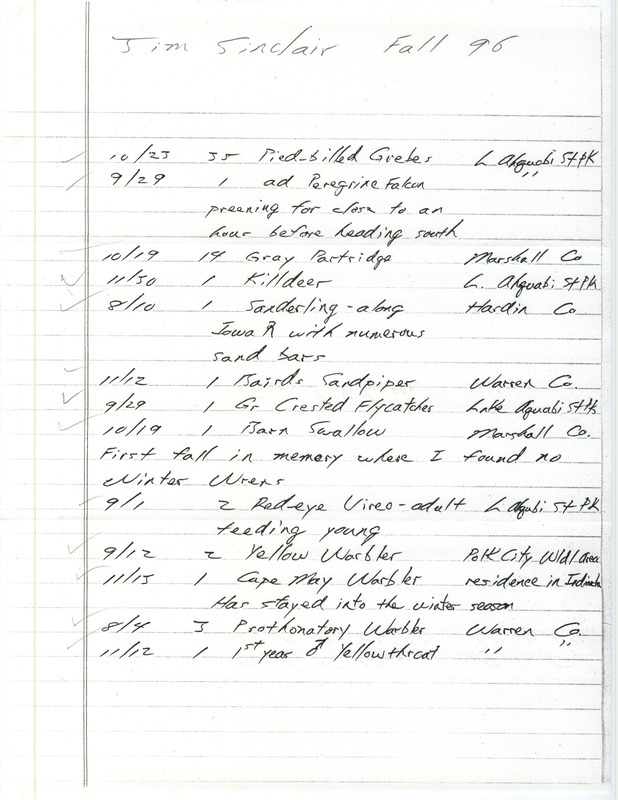 List of birds and locations contributed by Jim Sinclair. This item was used as supporting documentation for the Iowa Ornithologists' Union Quarterly field report of fall 1996.