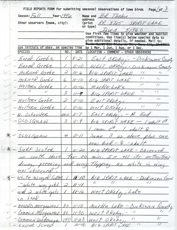 List of birds and locations contributed by Ed Thelen. This item was used as supporting documentation for the Iowa Ornithologists' Union Quarterly field report of fall 1996.