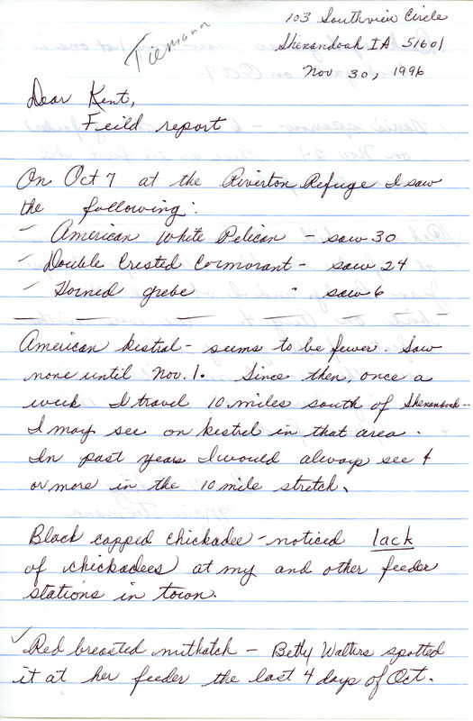 Field notes contributed by Marie E. Spears Tiemann in a letter to Thomas H. Kent with observers Betty Walters and Jean B. Braley. This item was used as supporting documentation for the Iowa Ornithologists' Union Quarterly field report of fall 1996.