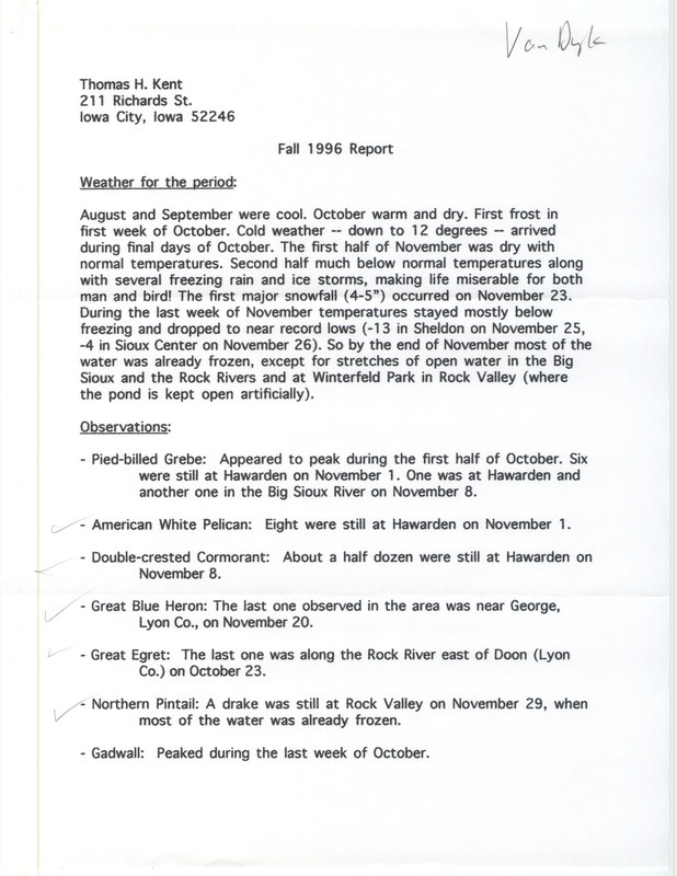 List of birds and locations contributed by John Van Dyk. This item was used as supporting documentation for the Iowa Ornithologists' Union Quarterly field report of fall 1996.