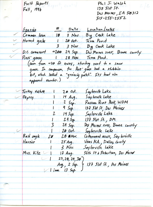 List of birds and locations contributed by Philip J. Walsh. This item was used as supporting documentation for the Iowa Ornithologists' Union Quarterly field report of fall 1996.