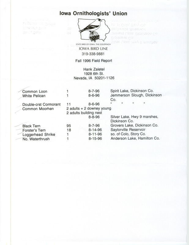 List of birds and locations contributed by Hank Zaletel. This item was used as supporting documentation for the Iowa Ornithologists' Union Quarterly field report of fall 1996.