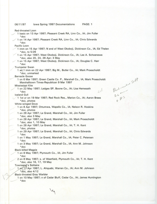 A list of documented bird sightings organized by species, June 11, 1997. The list also contains the number of birds seen, date of sighting, location, and observer of each species. This item was used as supporting documentation for the Iowa Ornithologists' Union Quarterly field report of spring 1997.