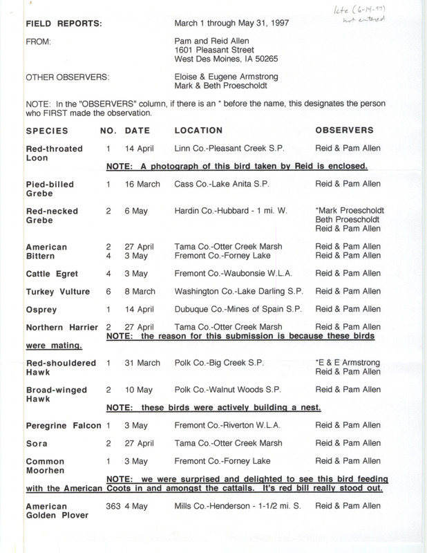 List of birds and locations contributed by Pam Allen and Reid I. Allen with observers Eloise Armstrong, Eugene Armstrong, Mark Proescholdt and Beth Proescholdt. This item was submitted past the deadline for the Iowa Ornithologists' Union Quarterly Report of spring 1997.