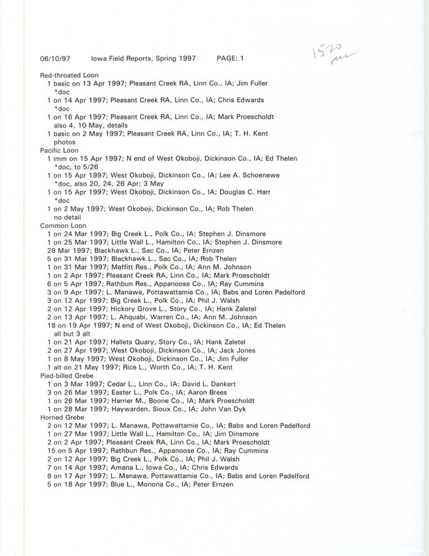 A list of bird sightings organized by species, June 10, 1997. The list also contains the number of birds seen, date of sighting, location, and observer of each species. This item was used as supporting documentation for the Iowa Ornithologists' Union Quarterly field report of spring 1997.