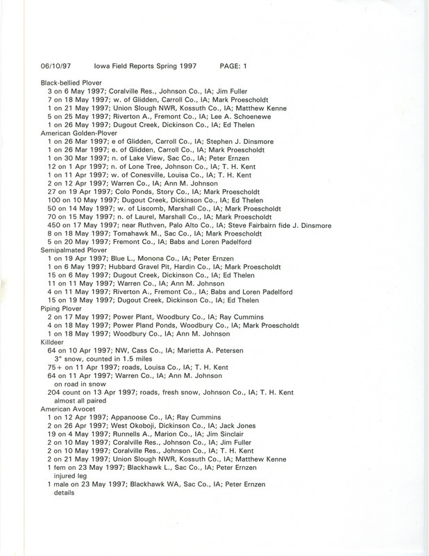 A list of bird sightings organized by species, June 10, 1997. The list also contains the number of birds seen, date of sighting, location, and observer of each species. This item was used as supporting documentation for the Iowa Ornithologists' Union Quarterly field report of spring 1997.