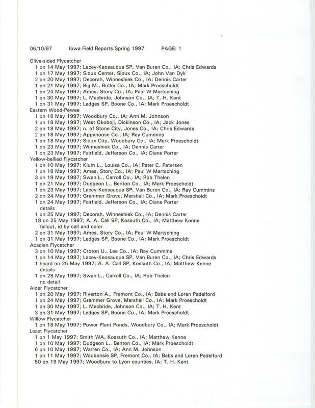 A list of bird sightings organized by species, June 10, 1997. The list also contains the number of birds seen, date of sighting, location, and observer of each species. This item was used as supporting documentation for the Iowa Ornithologists' Union Quarterly field report of spring 1997.