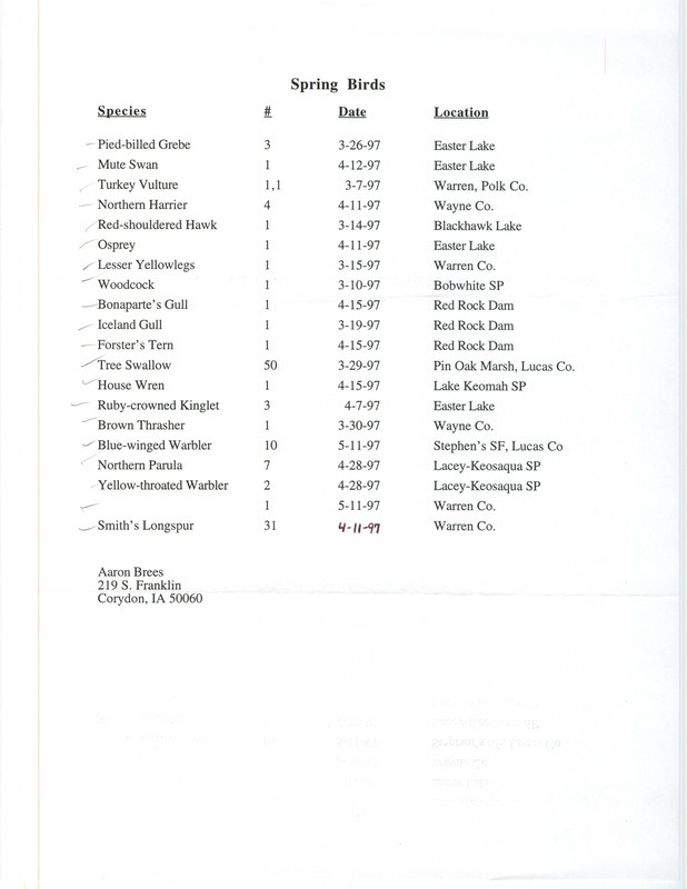 List of birds and locations contributed by Aaron Brees. This item was used as supporting documentation for the Iowa Ornithologists' Union Quarterly field report of spring 1997.