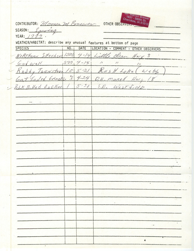 List of birds and locations contributed by Marion M. Brewer. This item was used as supporting documentation for the Iowa Ornithologists' Union Quarterly field report of spring 1997.