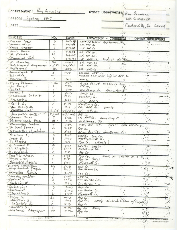 List of birds and locations contributed by Raymond L. Cummins. This item was used as supporting documentation for the Iowa Ornithologists' Union Quarterly field report of spring 1997.