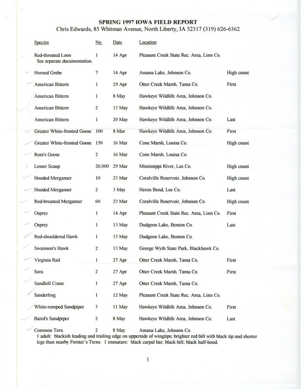 List of birds and locations contributed by Chris Edwards. This item was used as supporting documentation for the Iowa Ornithologists' Union Quarterly field report of spring 1997.