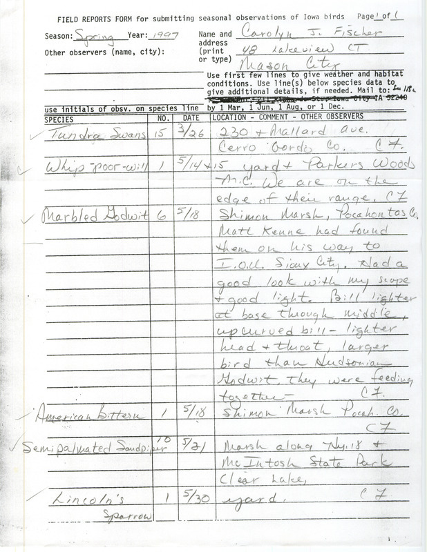 List of birds and locations contributed by Carolyn J. Fischer. This item was used as supporting documentation for the Iowa Ornithologists' Union Quarterly field report of spring 1997.