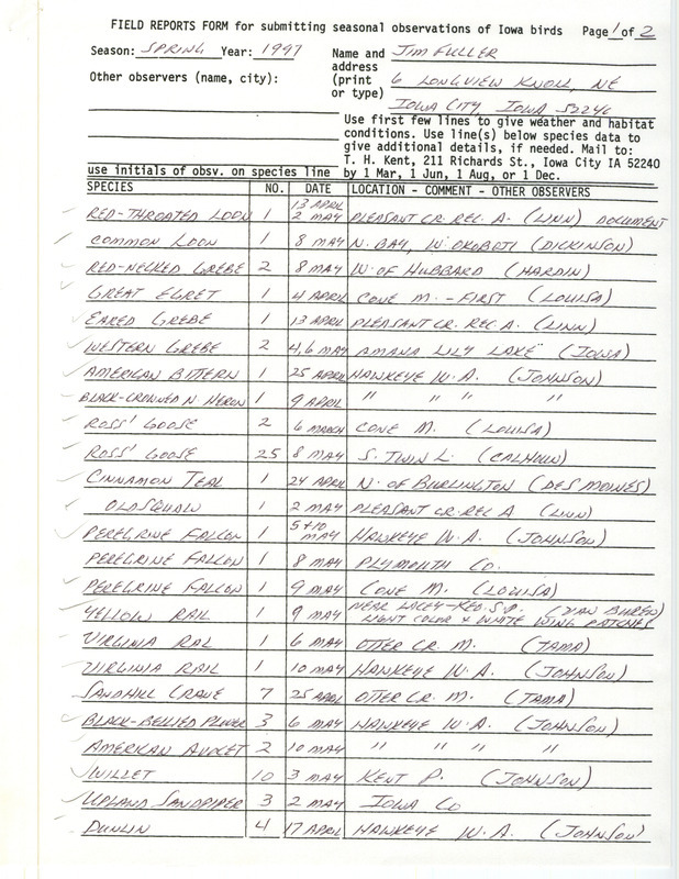 List of birds and locations contributed by James L. Fuller. This item was used as supporting documentation for the Iowa Ornithologists' Union Quarterly field report of spring 1997.