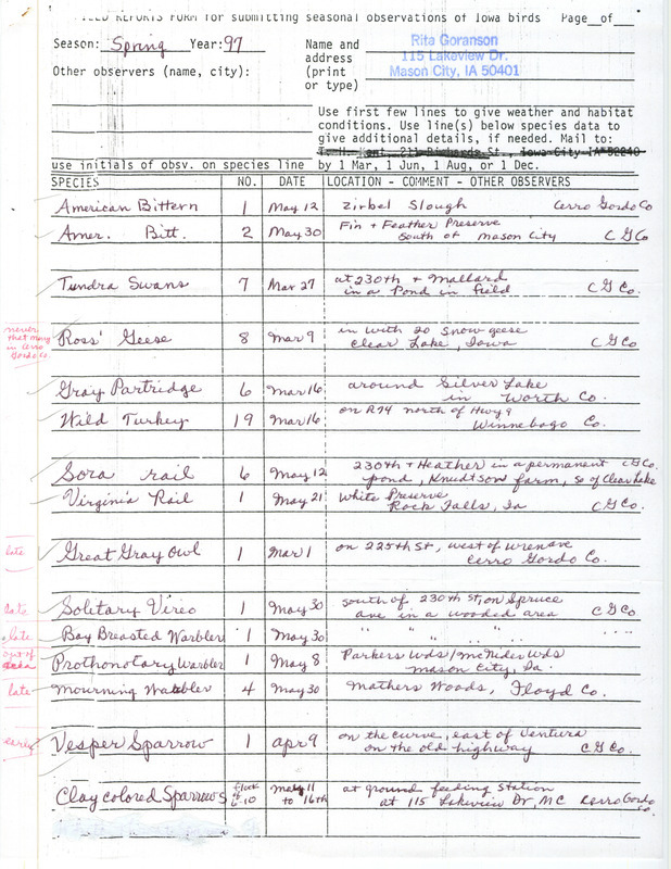 List of birds and locations contributed by Rita Goranson. This item was used as supporting documentation for the Iowa Ornithologists' Union Quarterly field report of spring 1997.