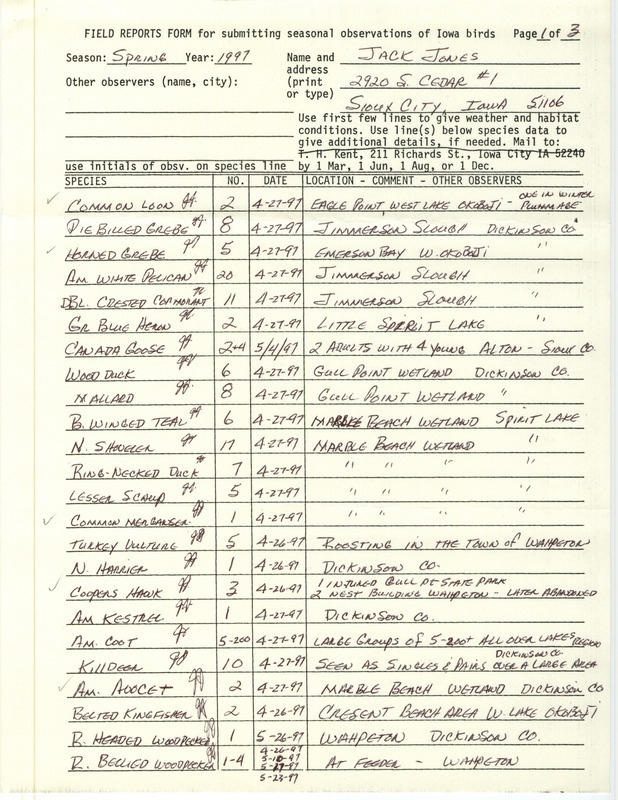 List of birds and locations contributed by Jack Jones. This item was used as supporting documentation for the Iowa Ornithologists' Union Quarterly field report of spring 1997.