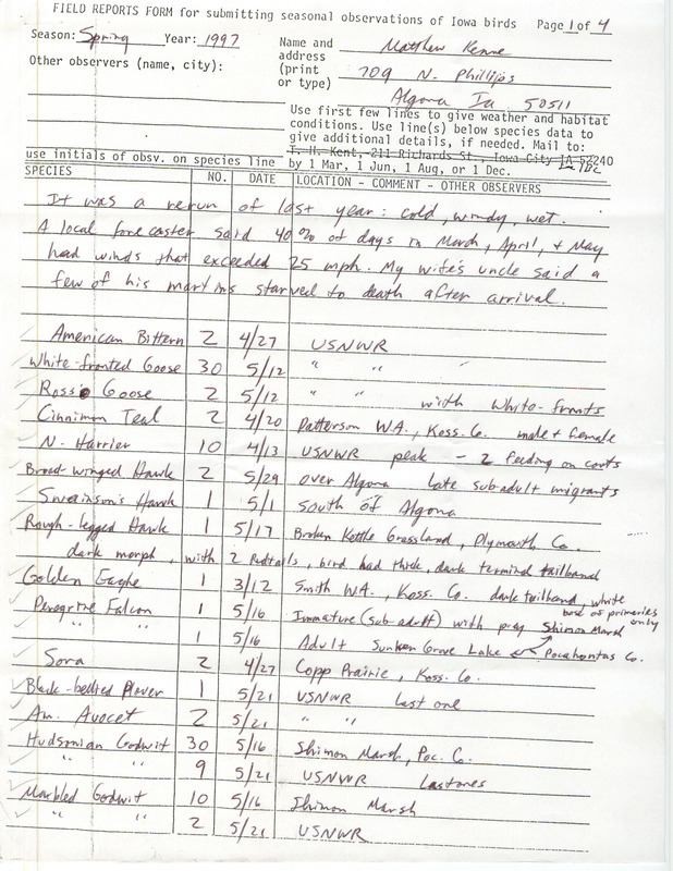 List of birds and locations contributed by Matthew Kenne. This item was used as supporting documentation for the Iowa Ornithologists' Union Quarterly field report of spring 1997.