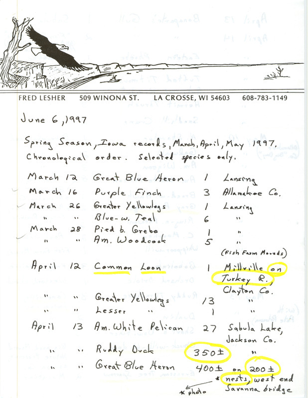 List of birds and locations contributed by Fred Lesher. This item was used as supporting documentation for the Iowa Ornithologists' Union Quarterly field report of spring 1997.