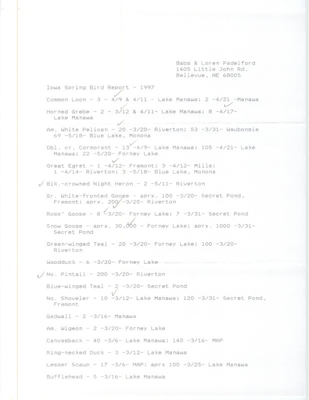 List of birds and locations contributed by Babs Padelford and Loren Padelford. This item was used as supporting documentation for the Iowa Ornithologists' Union Quarterly field report of spring 1997.