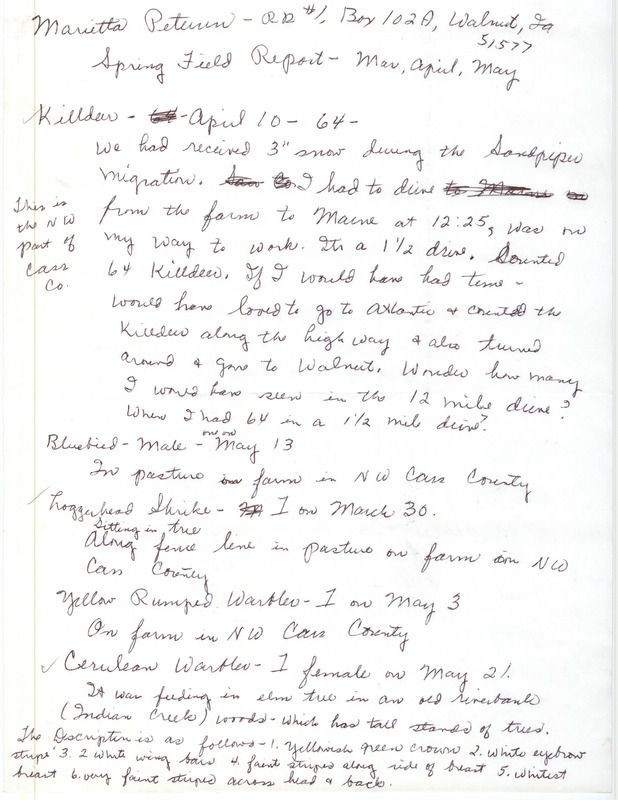 List of birds and locations contributed by Marietta Petersen. This item was used as supporting documentation for the Iowa Ornithologists' Union Quarterly field report of spring 1997.