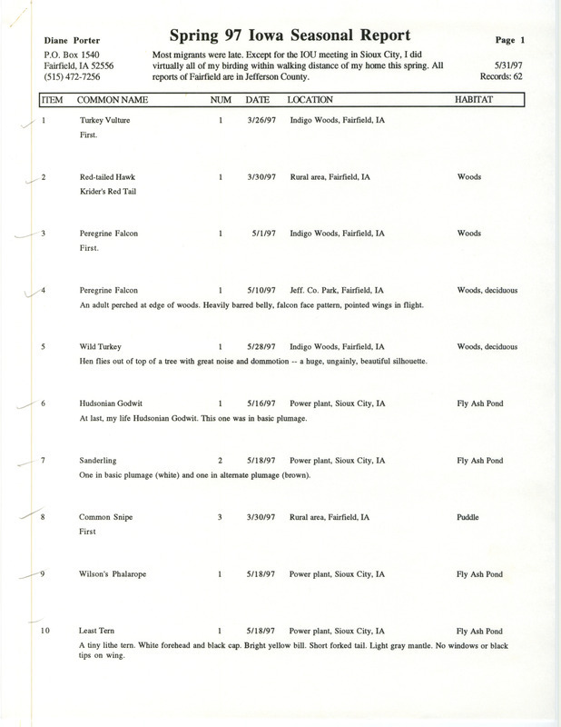 List of birds and locations contributed by Diane C. Porter. This item was used as supporting documentation for the Iowa Ornithologists' Union Quarterly field report of spring 1997.