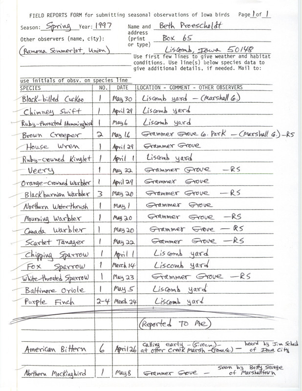 List of birds and locations contributed by Beth Proescholdt with observer Ramona R. Sommerlot and others. This item was used as supporting documentation for the Iowa Ornithologists' Union Quarterly field report of spring 1997.