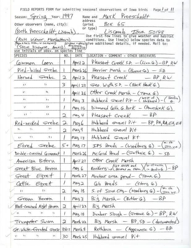 List of birds and locations contributed by Mark Proescholdt with observers Beth Proescholdt, Russ Widner, Pam Allen, Reid I. Allen and others.This item was used as supporting documentation for the Iowa Ornithologists' Union Quarterly field report of spring 1997.