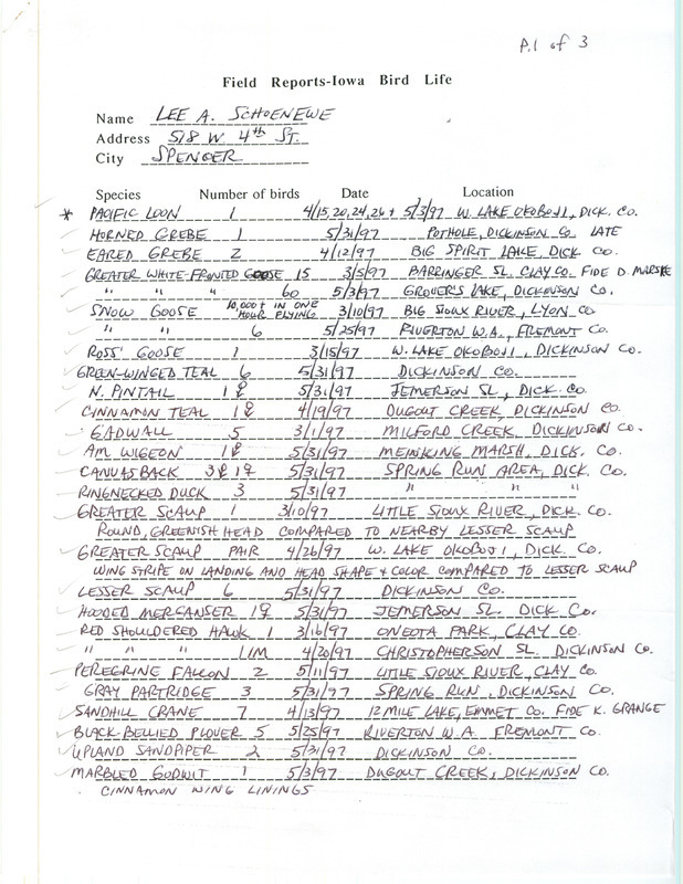 List of birds and locations contributed by Lee A. Schoenewe. This item was used as supporting documentation for the Iowa Ornithologists' Union Quarterly field report of spring 1997.