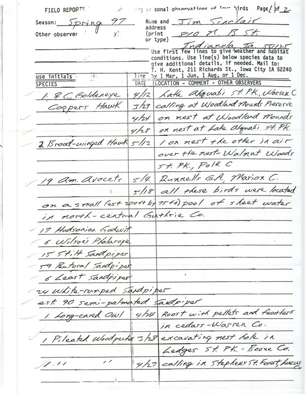 List of birds and locations contributed by Jim Sinclair. This item was used as supporting documentation for the Iowa Ornithologists' Union Quarterly field report of spring 1997.