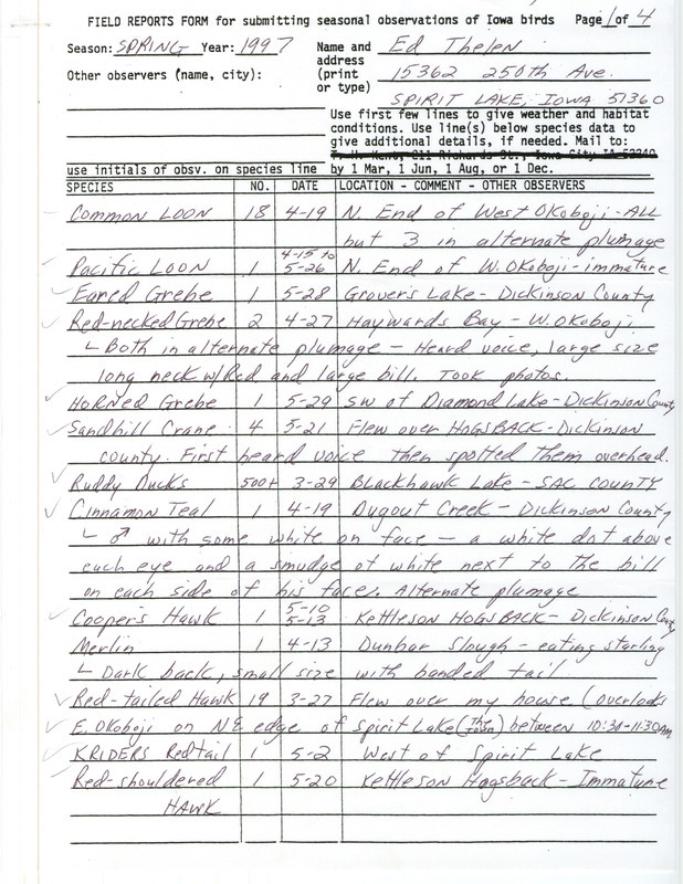 List of birds and locations contributed by Ed Thelen. This item was used as supporting documentation for the Iowa Ornithologists' Union Quarterly field report of spring 1997.