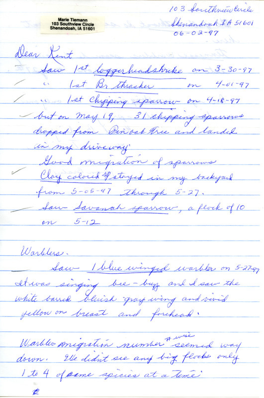 Field notes contributed by Marie E. Spears Tiemann and Jean B. Braley in a letter to Thomas H. Kent. This item was used as supporting documentation for the Iowa Ornithologists' Union Quarterly field report of spring 1997.