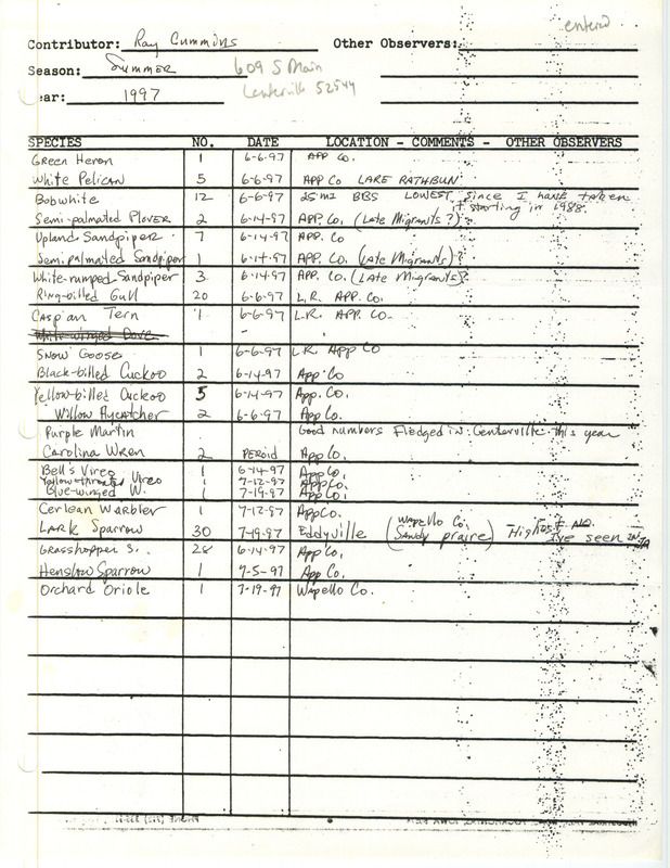 Summer report of birds found in Appanoose County and Wapello County contributed by Raymond L. Cummins. This item was used as supporting documentation for the Iowa Ornithologists' Union Quarterly field report of summer 1997.