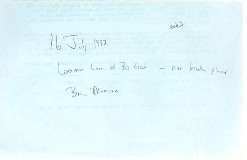 Summer report of a Common Loon sighting at Big Creek Lake contributed by Bruce Roy Munson. This item was used as supporting documentation for the Iowa Ornithologists' Union Quarterly field report of summer 1997.