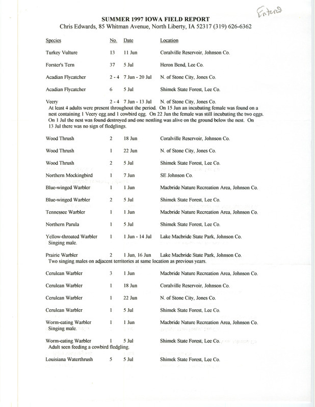 Summer report of birds and locations contributed by Chris Edwards. This item was used as supporting documentation for the Iowa Ornithologists' Union Quarterly field report of summer 1997.