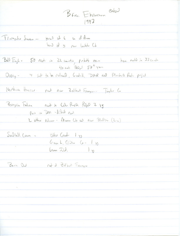 Summer report of birds and locations contributed by Bruce Ehresman. This item was used as supporting documentation for the Iowa Ornithologists' Union Quarterly field report of summer 1997.