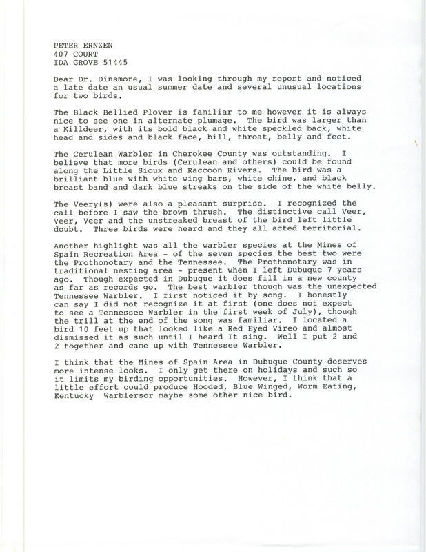 Letter from Peter Ernzen to James J. Dinsmore regarding summer bird sightings. This item was used as supporting documentation for the Iowa Ornithologists' Union Quarterly field report of summer 1997.