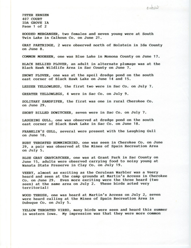 Summer report of birds and locations contributed by Peter Ernzen. This item was used as supporting documentation for the Iowa Ornithologists' Union Quarterly field report of summer 1997.