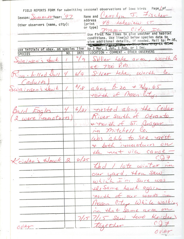 Summer report of birds found in northern Iowa contributed by Carolyn J. Fischer. Also included are details on a pair of Cooper's Hawks that nested in Cerro Gordo County. This item was used as supporting documentation for the Iowa Ornithologists' Union Quarterly field report of summer 1997.