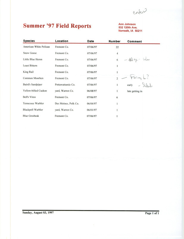 Summer report of birds and locations contributed by Ann Johnson. Also included is an email from Johnson to James J. Dinsmore regarding clarifications on several bird sightings. This item was used as supporting documentation for the Iowa Ornithologists' Union Quarterly field report of summer 1997.