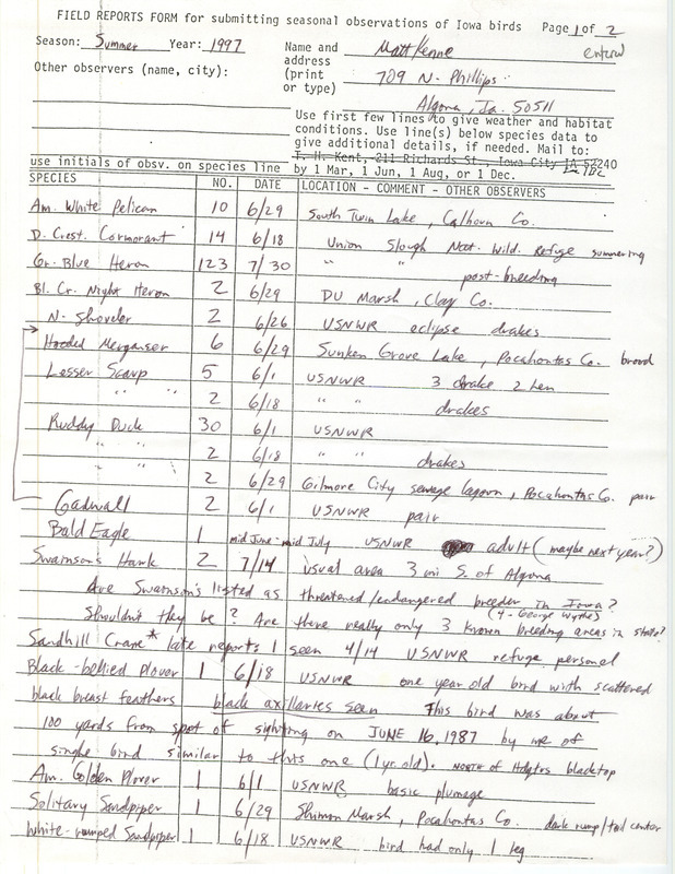 Summer report of birds and locations contributed by Matthew Kenne. This item was used as supporting documentation for the Iowa Ornithologists' Union Quarterly field report of summer 1997.