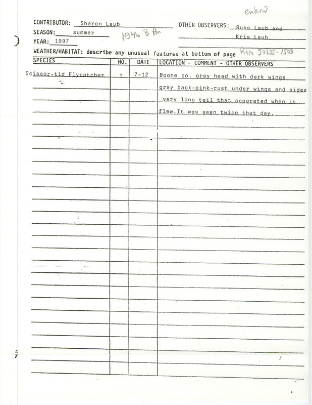 Summer report of a Scissor-tailed Flycatcher sighting in Boone County contributed by Sharon Laub. This item was used as supporting documentation for the Iowa Ornithologists' Union Quarterly field report of summer 1997.